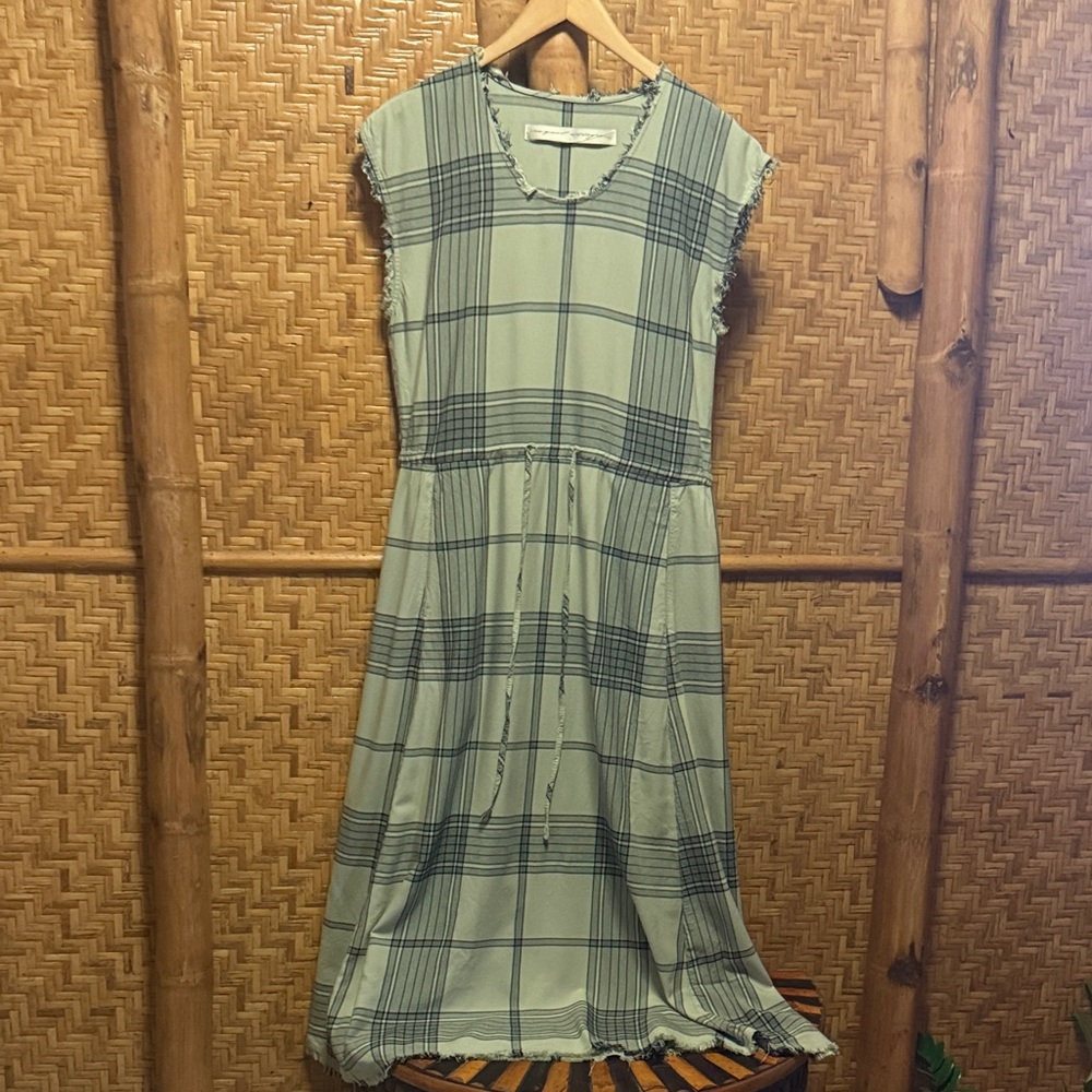 Raquel Allegra Mint Green Plaid drawstring Midi Dress small